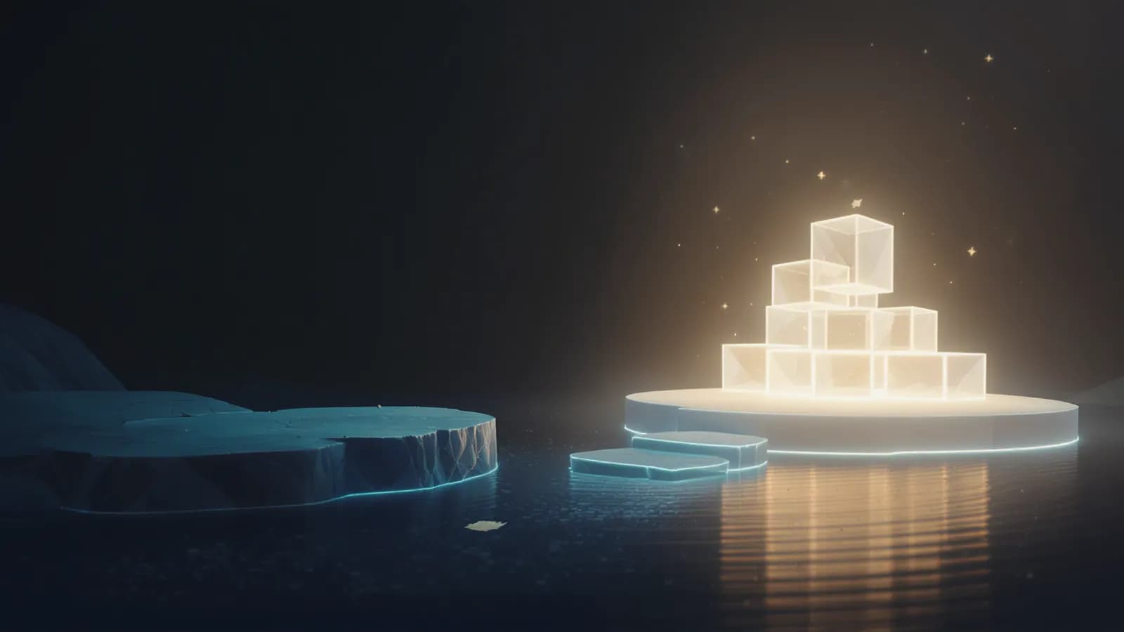 Abstract illustration of two stepping stones crossing dark water, leading from a dim stone platform to a bright platform topped with stacked translucent glowing cubes, with a small leaf floating on the water.