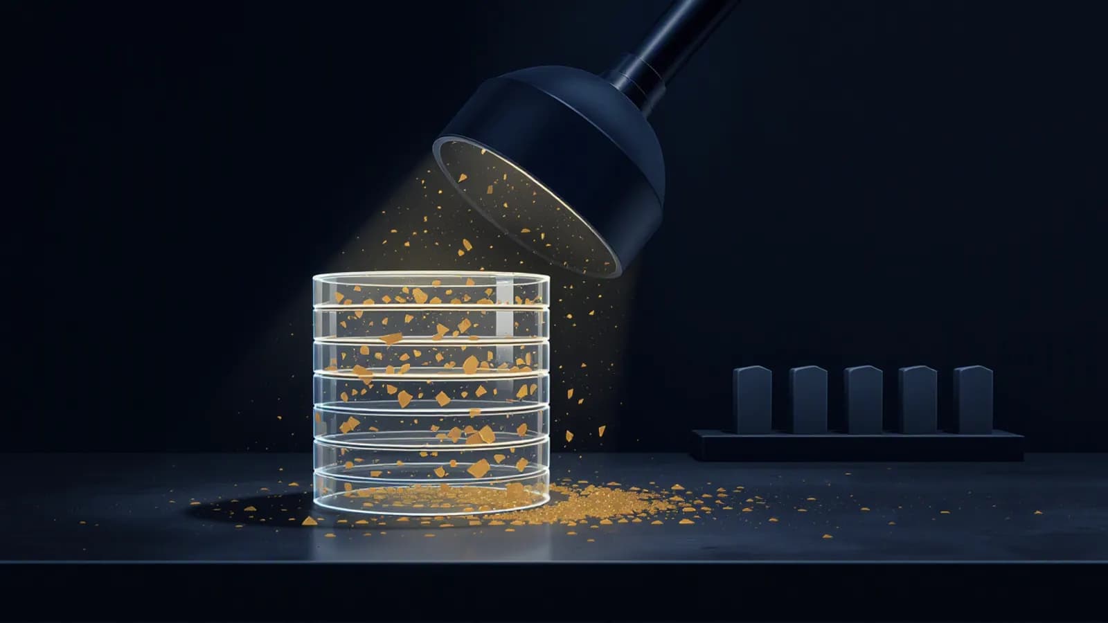 Abstract illustration of a stacked glass cylinder under a dark lamp whose beam reveals many small golden fragments, some spilling onto the table, with a row of dark tablets on a stand in the background.