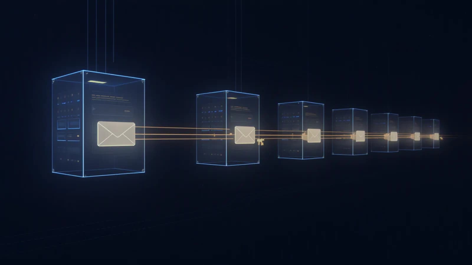 Abstract illustration of a row of identical glass server blocks receding into the distance, each holding a glowing envelope, connected by thin lines of light.