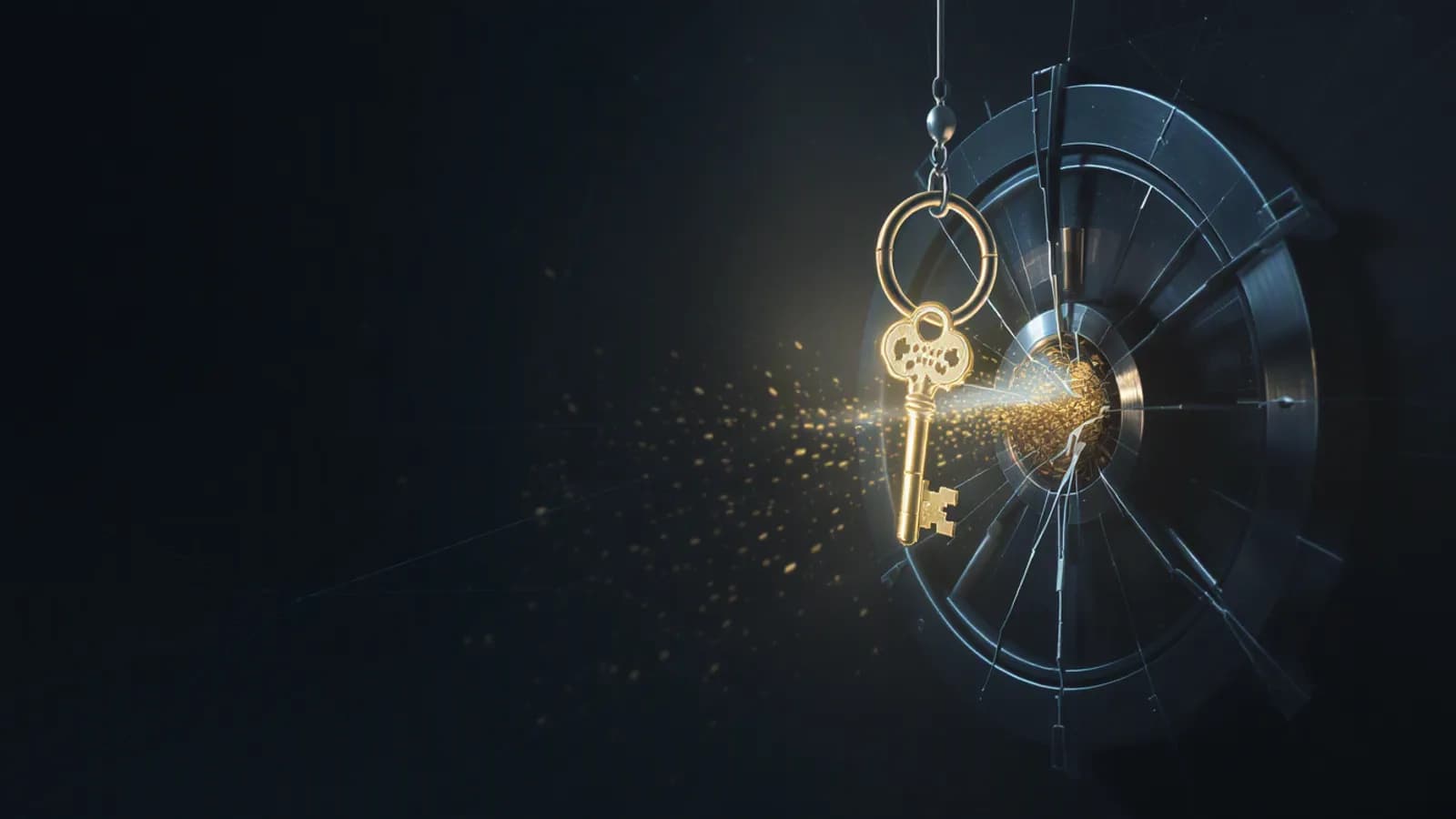 Abstract illustration of a single golden key on a ring hanging from a chain in front of a cracked round vault door, with golden particles streaming out of the vault's centre.