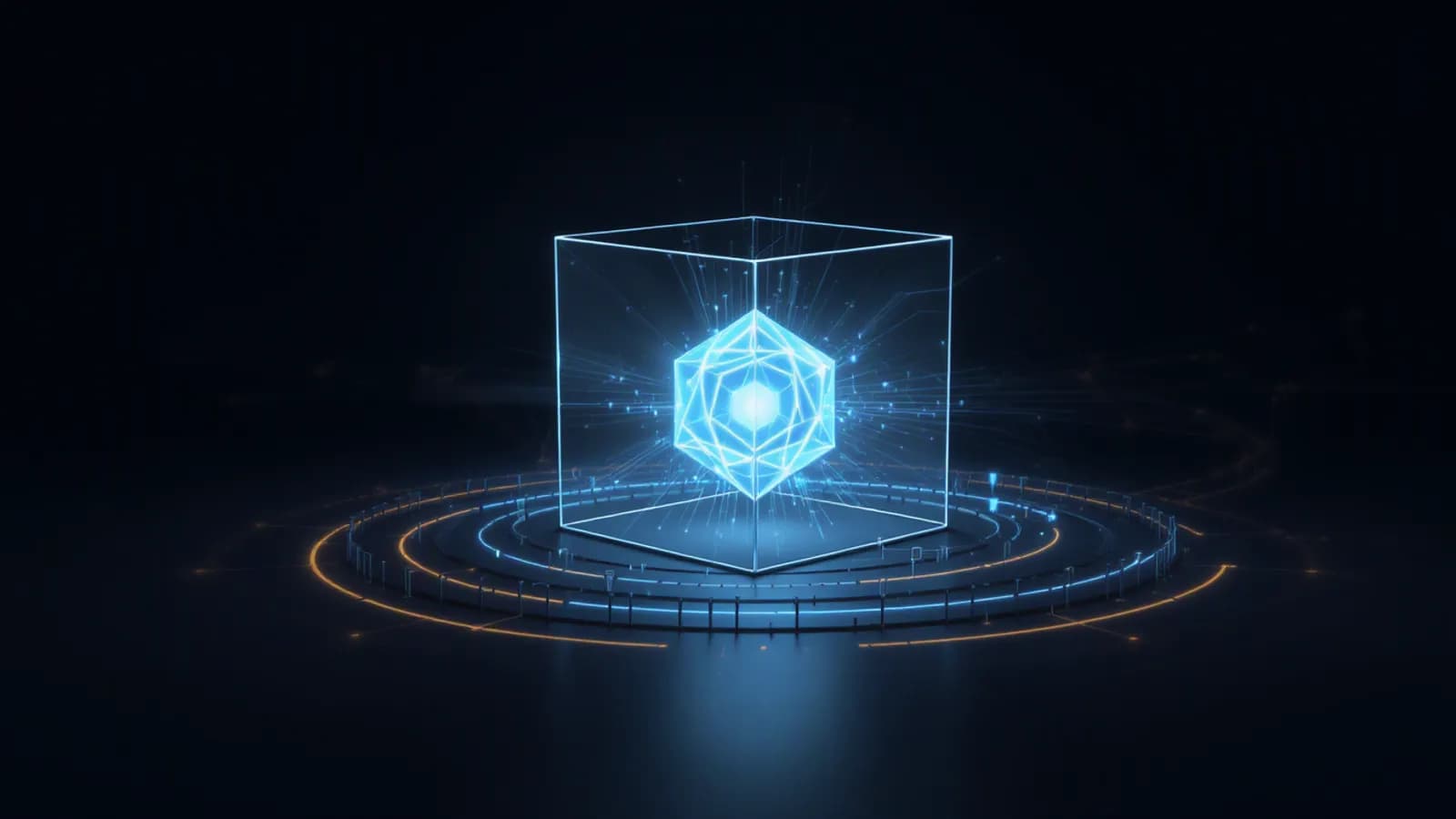 Abstract illustration of a glowing geometric core sealed inside a transparent cube, standing on concentric rings of fence-like posts lit in blue and amber.