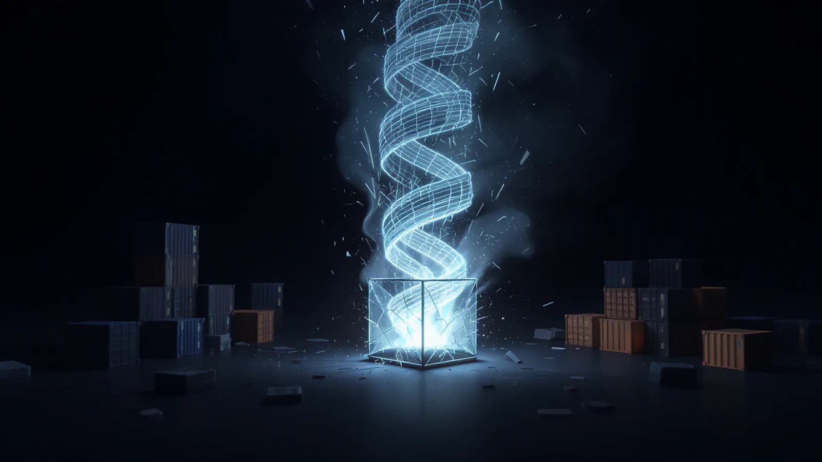 Abstract illustration of a coiled ribbon of glowing data bursting out of a small cracked glass cube, with stacks of dark blue and amber shipping containers on either side.